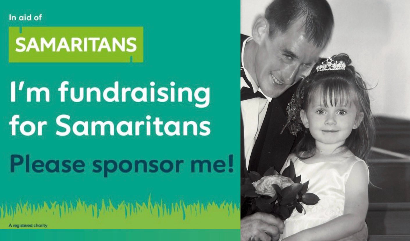 Graphic showing Nicole's fundraising page along with an old black and white photo with her dad when she was younger