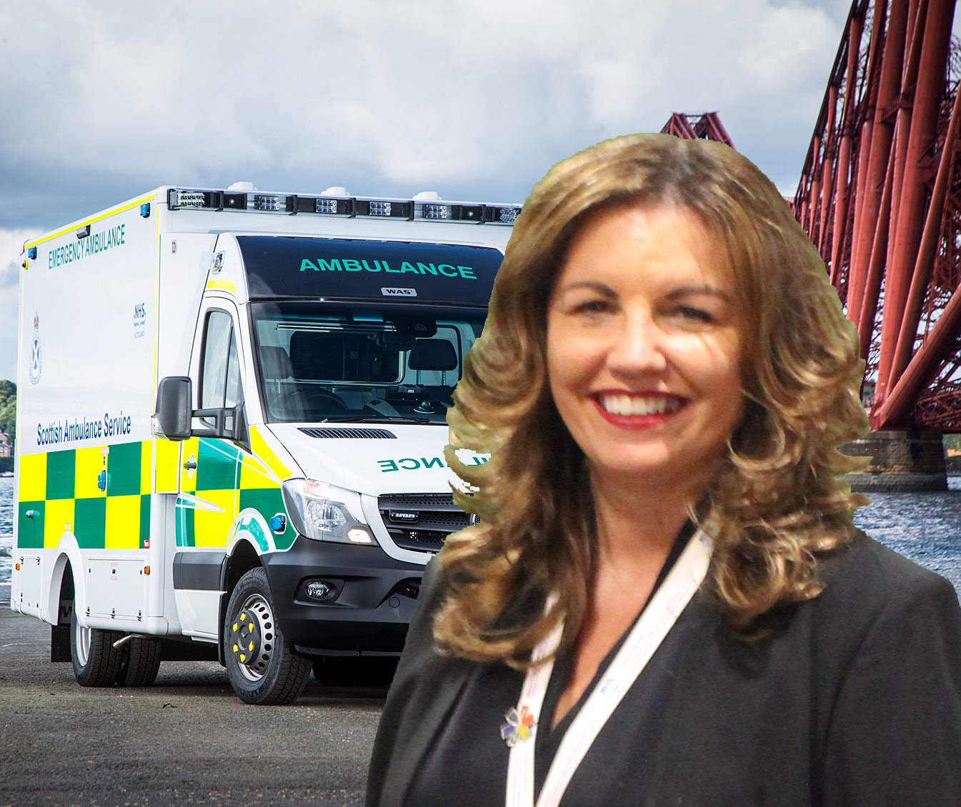 Julie Carter in front of an A&E ambulance